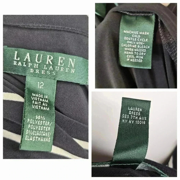 Lauren Ralph Lauren One Shoulder Black Cream Striped Side Ruched Sheath Dress 12 - Picture 3 of 9